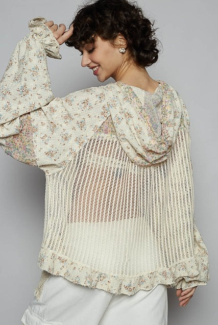 Balloon sleeve floral contrast crochet and gauze jacket from RARA Boutique, featuring a stylish, lightweight design with floral embroidery.