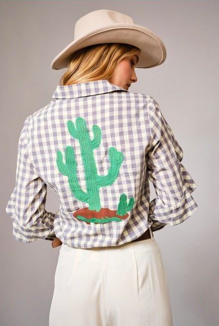 Long-Sleeve Gingham Western Embroidered Button Down Blouse - Blue B - RARA Boutique