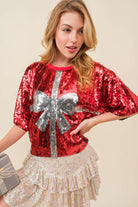 Christmas Bowtie Print Sequin Crop Top - RARA Boutique