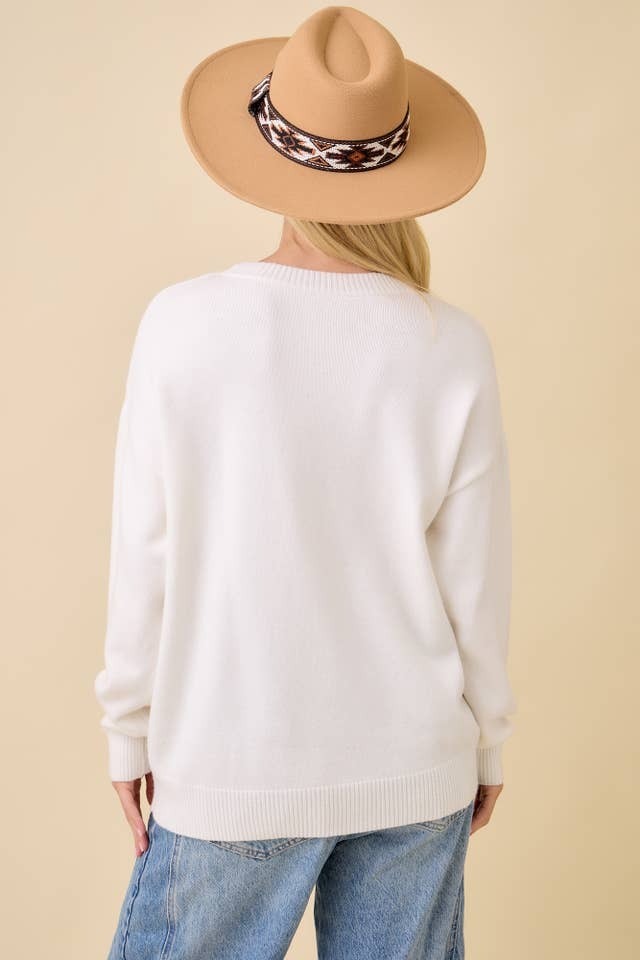 Textured Pumpkin Patch Truck Embroidered Patchwork Sweater - Main Strip - RARA Boutique