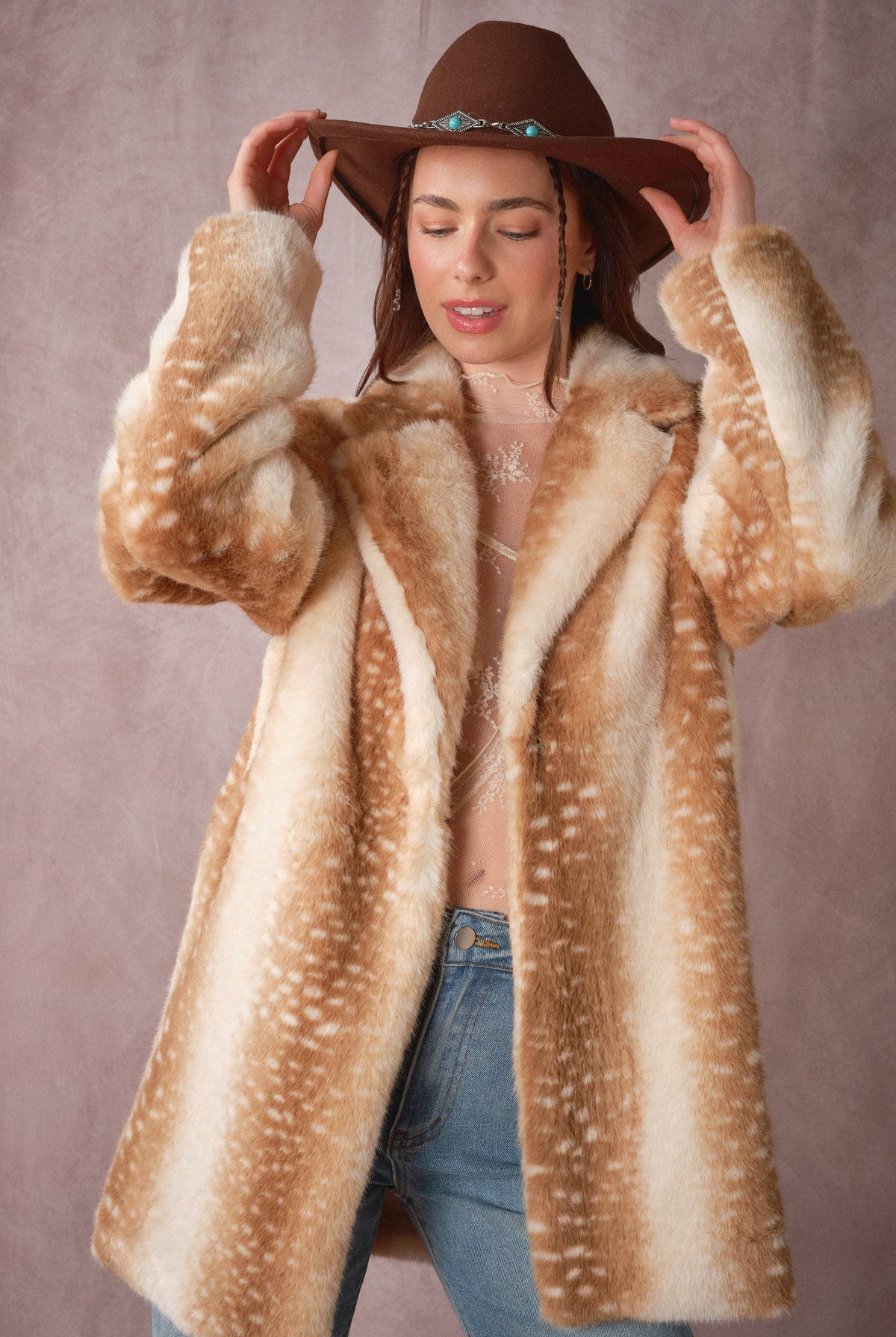 Blue B 25046J deer print faux fur coat with a plush, soft texture and stylish design, shown on a model.