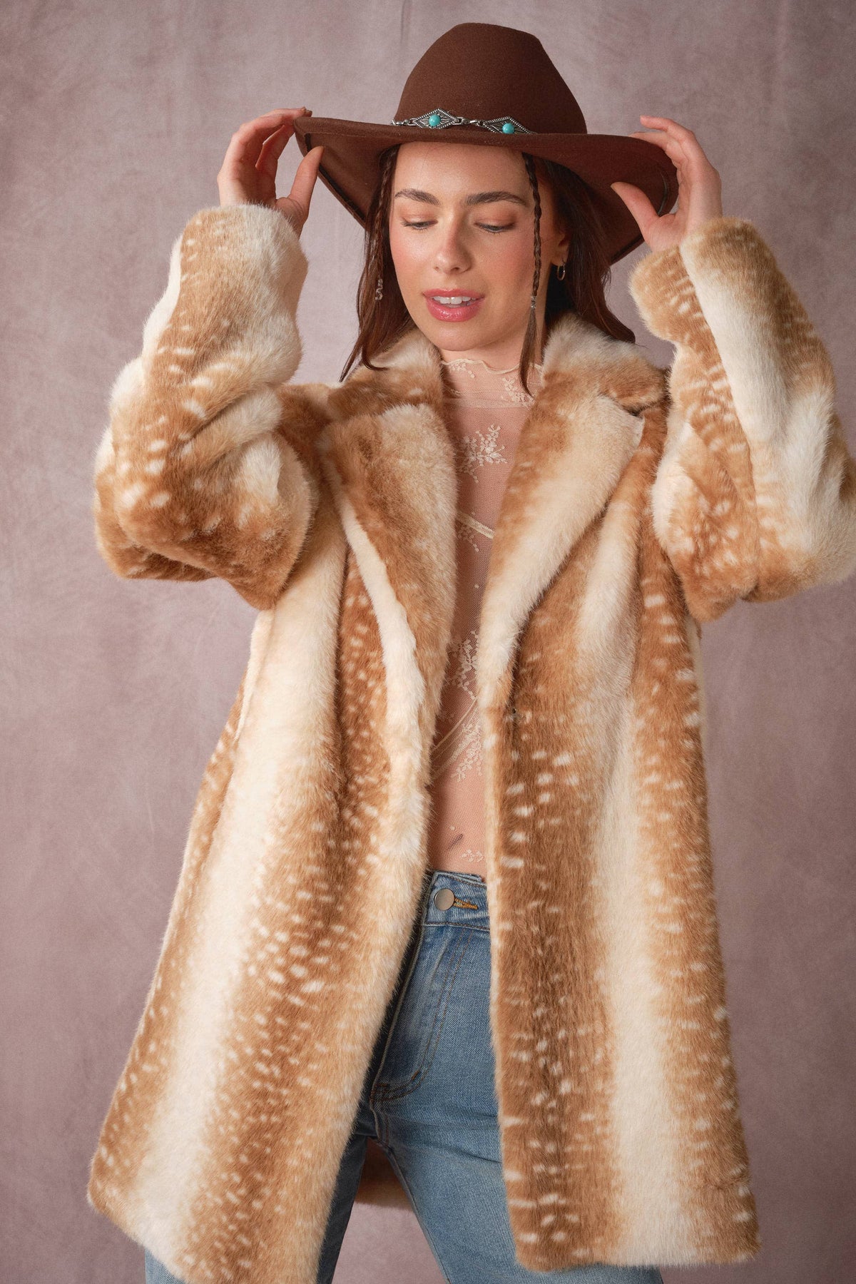 Blue B 25046J deer print faux fur coat with a plush, soft texture and stylish design, shown on a model.