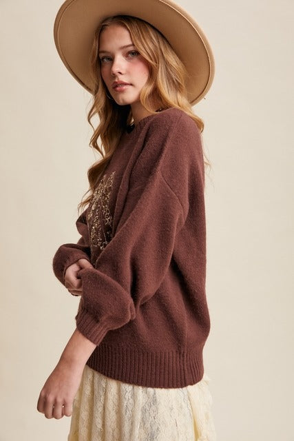 Sequin Bow Western Cowboy Boots Embroidered Sweater - Listicle - RARA Boutique