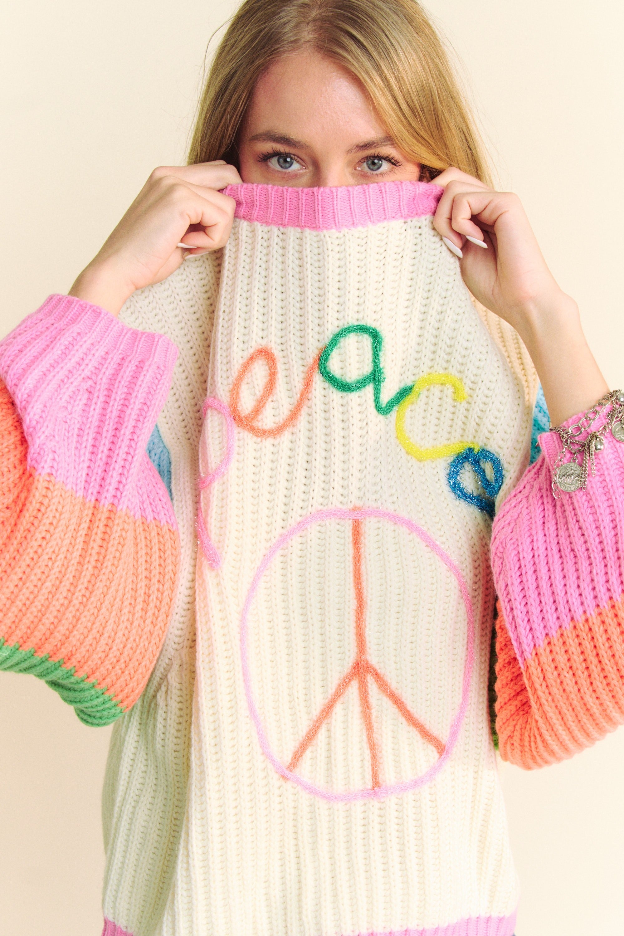 Multicolor Striped Peace Sign Balloon Sleeve Sweater - Davi & Dani - RARA Boutique