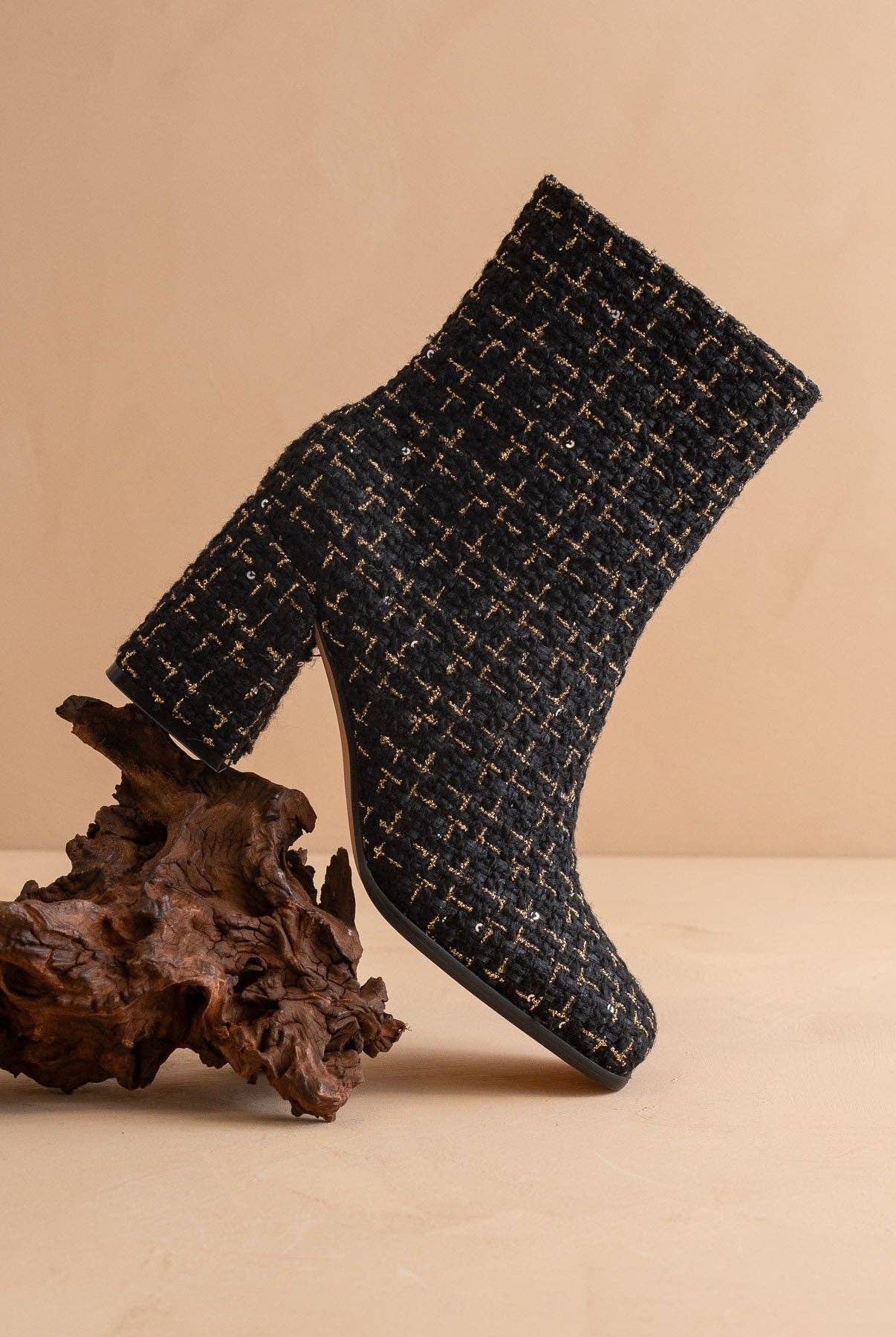 Black tweed woven block heel ankle boot from Oasis Society's The Demi collection, showcasing stylish fall footwear.