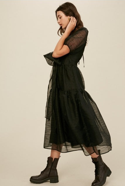 Bow Front Tiered Midi Dress with Open Back - Listicle - RARA Boutique