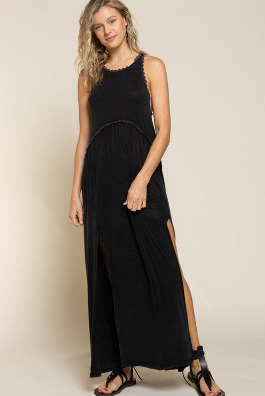Baby doll side slit cut out maxi dress by RARA Boutique featuring a flowy design and stylish cut outs.