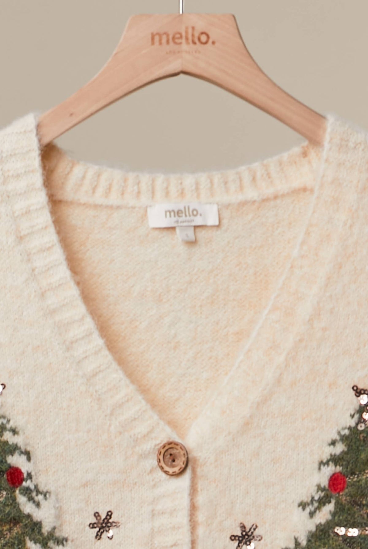 Mello Christmas Tree embroidered soft cardigan with festive holiday design, cozy knit sweater for winter celebrations