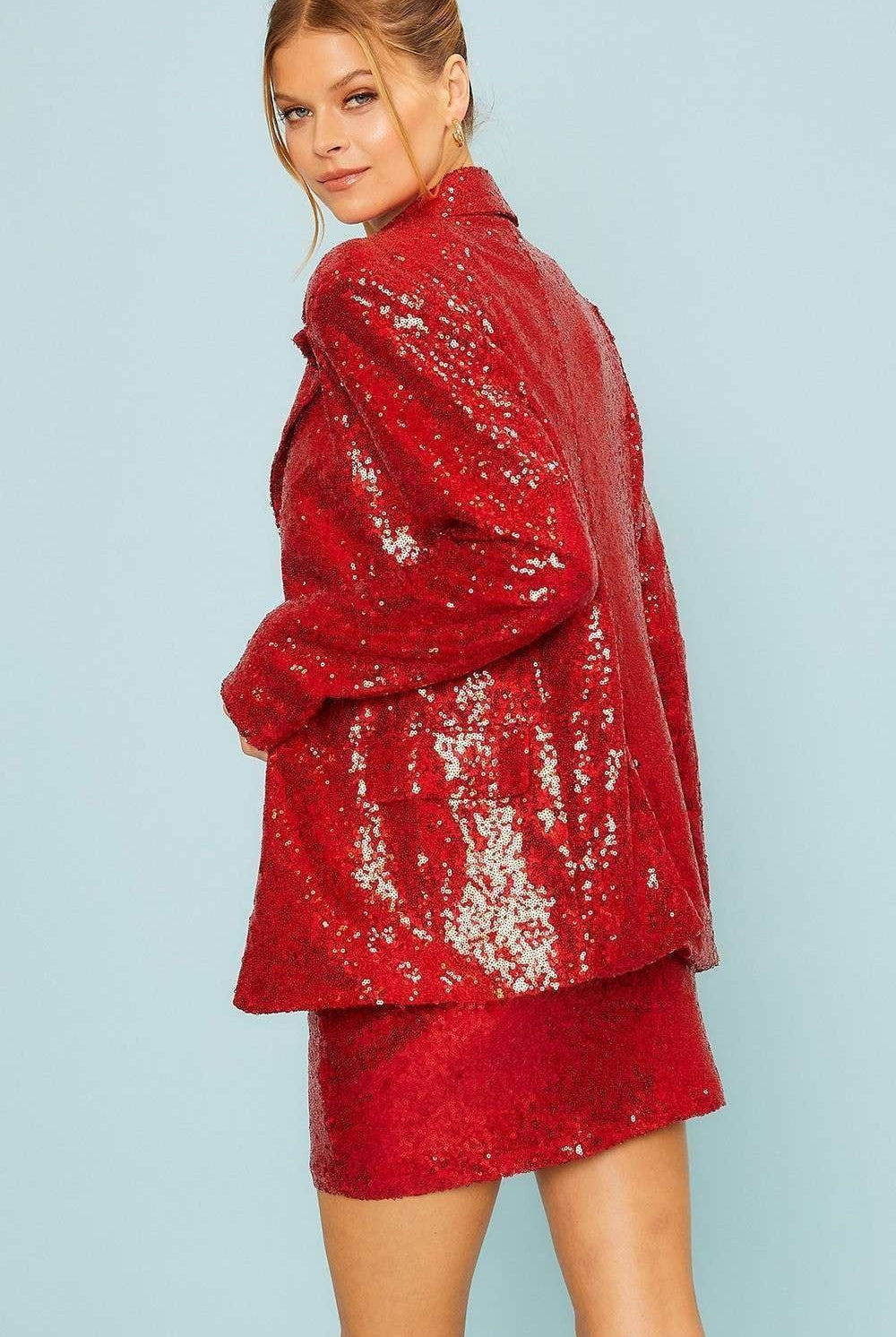 Notched Collar Neck Oversized Sequin Blazer Jacket - Main Strip - RARA Boutique