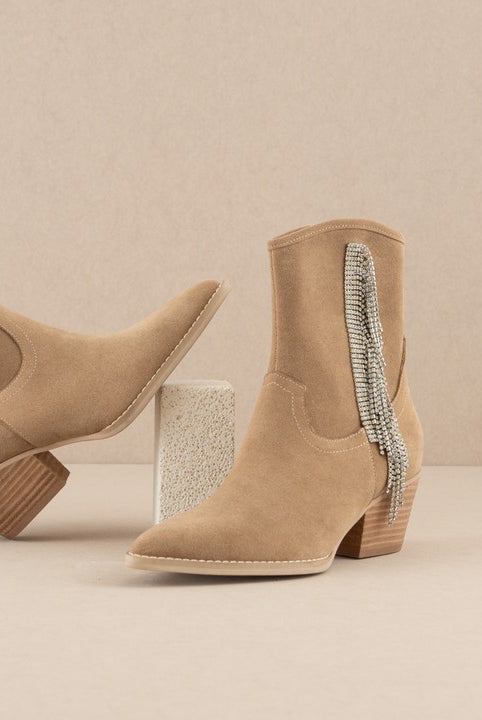 Rara Boutique Rhinestone Fringe Ankle Western Boots with decorative fringe and rhinestones, stylish cowboy-inspired footwear.