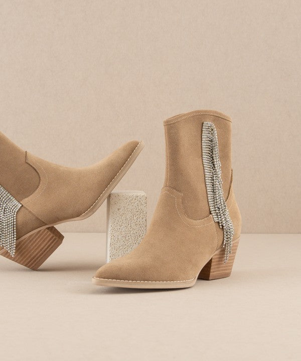 Rara Boutique Rhinestone Fringe Ankle Western Boots with decorative fringe and rhinestones, stylish cowboy-inspired footwear.