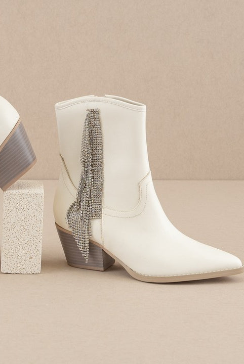Rhinestone fringe ankle Western boots by RARA Boutique featuring intricate detailing and western style design.