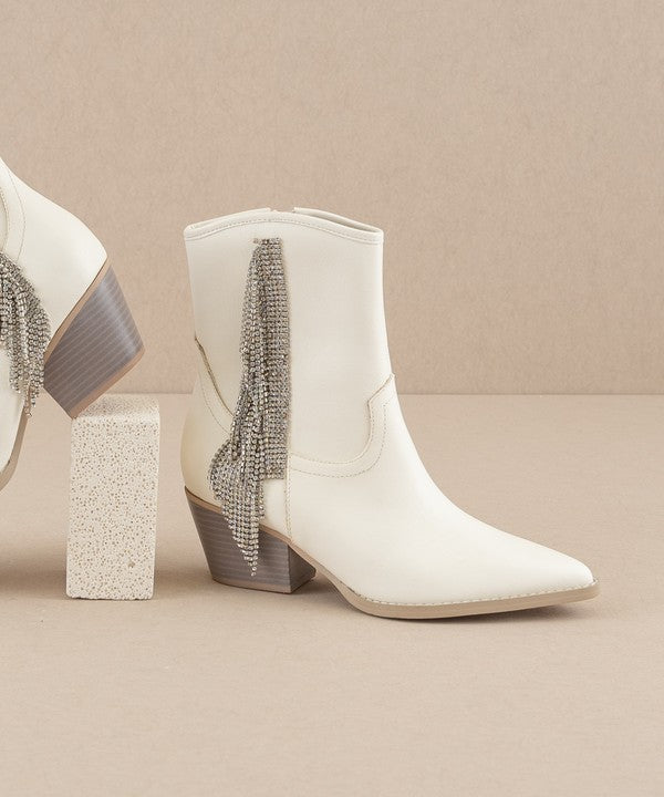 Rhinestone fringe ankle Western boots by RARA Boutique featuring intricate detailing and western style design.