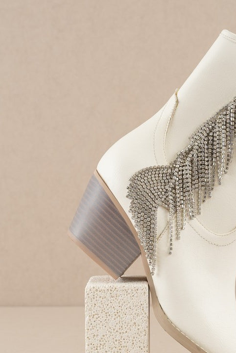 Rhinestone fringe ankle Western boots by RARA Boutique featuring shiny rhinestones and fringe detail on leather cowboy-style boot