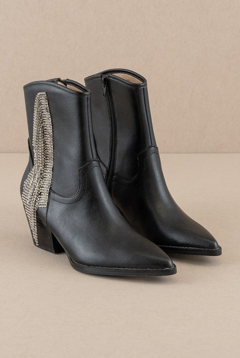 Rara Boutique rhinestone fringe ankle western boots with intricate detailing and pointed toe style.