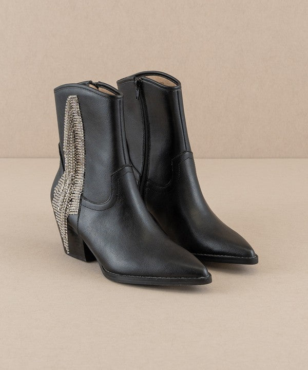 Rara Boutique rhinestone fringe ankle western boots with intricate detailing and pointed toe style.