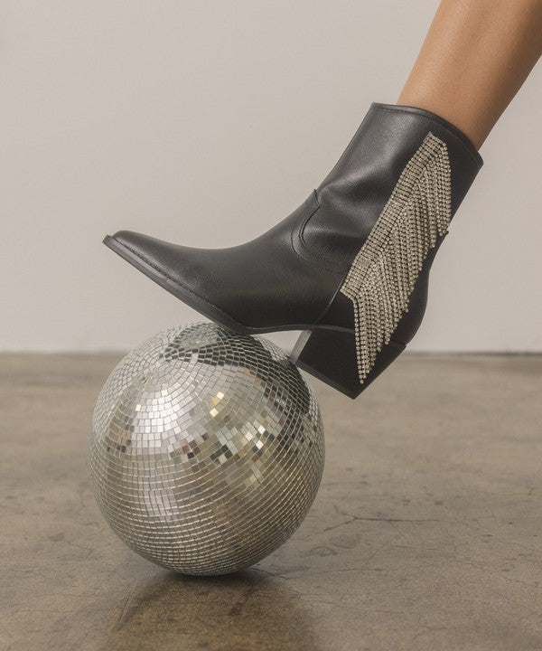 Rhinestone fringe ankle Western boots by RARA Boutique featuring sparkling rhinestones and fringe detail on leather boots