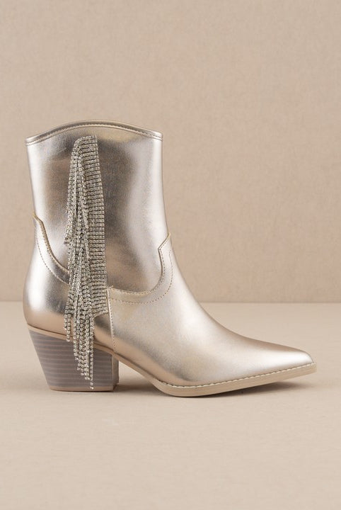 Rhinestone fringe ankle Western boots by RARA Boutique featuring sparkling embellishments and western style details.