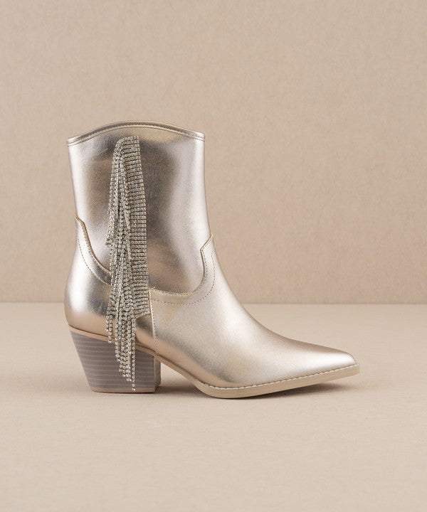 Rhinestone fringe ankle Western boots by RARA Boutique featuring sparkling embellishments and western style details.