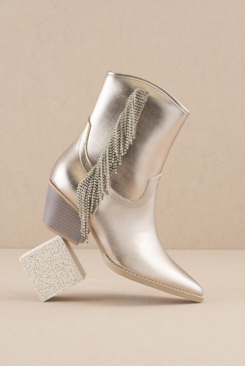 Rhinestone fringe ankle western boots by RARA Boutique featuring sparkling rhinestones and Western-style design.