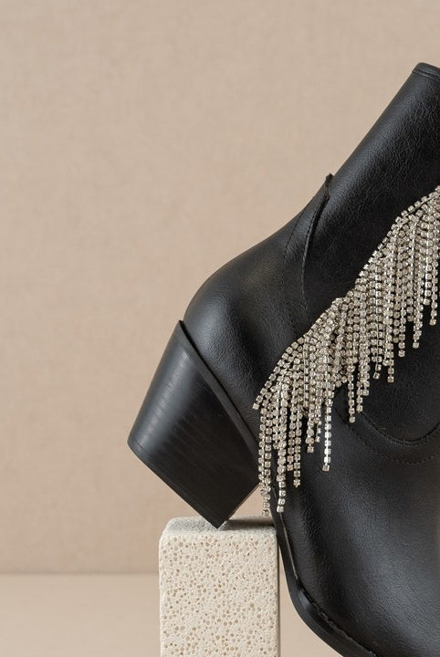Rhinestone fringe ankle Western boots by RARA Boutique featuring sparkling rhinestones and Western-style design.
