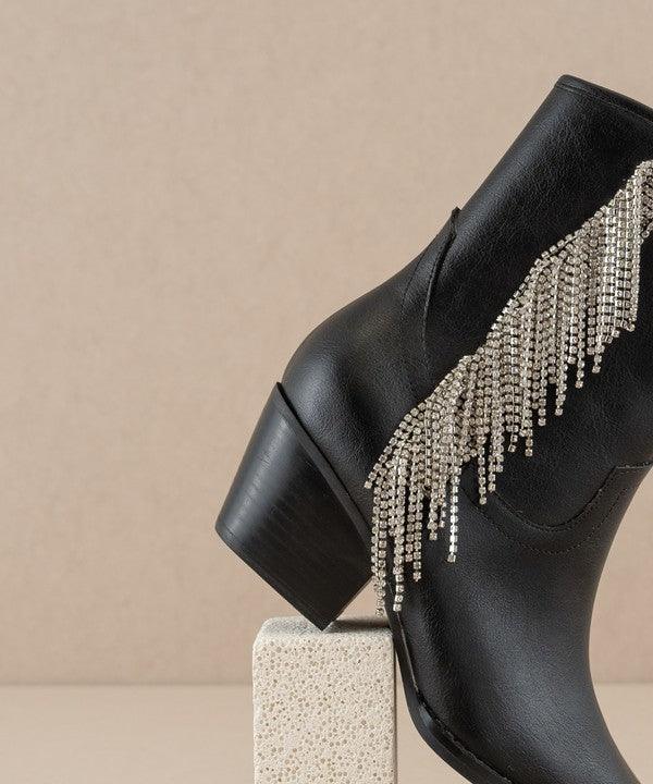 Rhinestone fringe ankle Western boots by RARA Boutique featuring sparkling rhinestones and Western-style design.