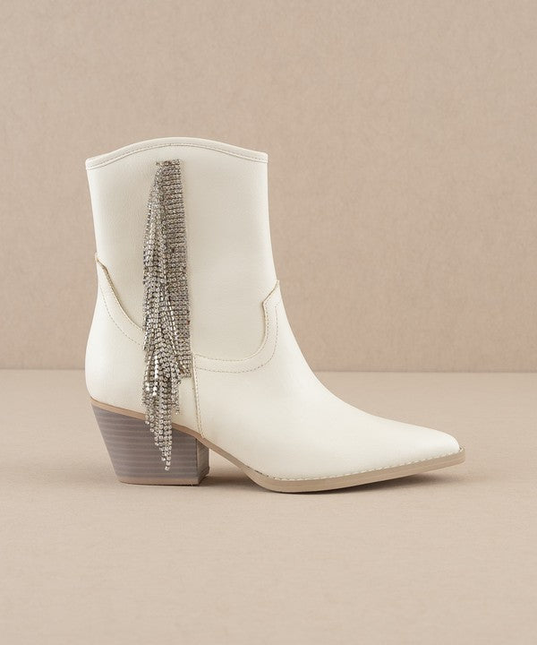 Rhinestone fringe ankle Western boots by RARA Boutique with intricate detailing and Western-inspired design.