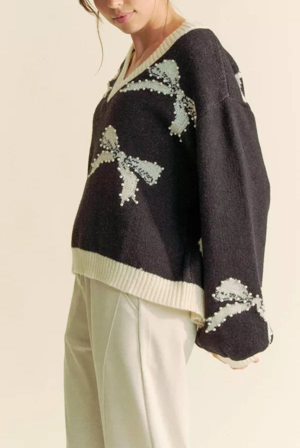 Pearl Studded Bow Balloon Sleeve V-Neck Sweater - Davi & Dani - RARA Boutique