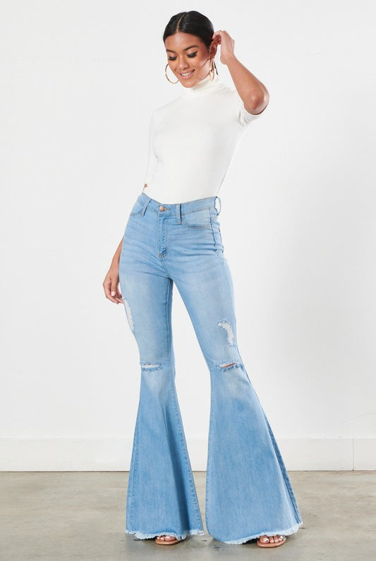 Distressed Frayed Hem Ultra Flare Bell Bottom Jeans - Vibrant M.i.U - RARA Boutique