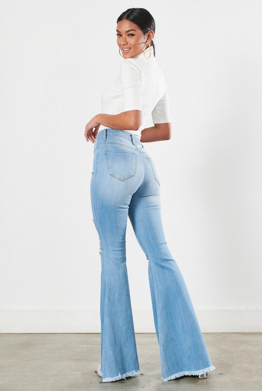 Distressed Frayed Hem Ultra Flare Bell Bottom Jeans - Vibrant M.i.U - RARA Boutique