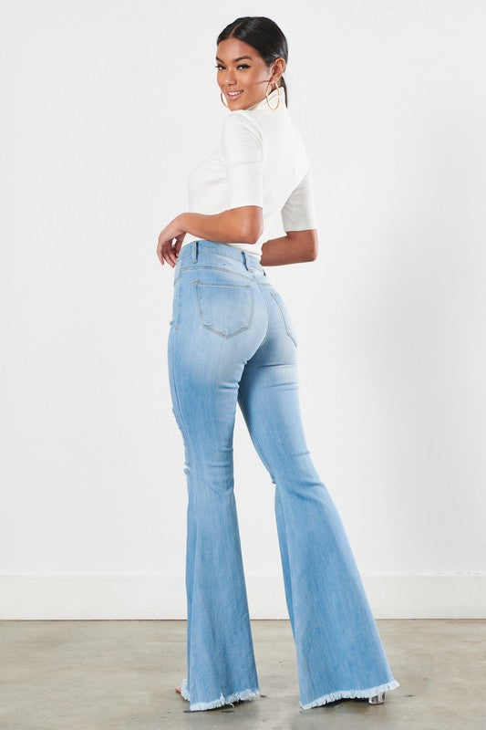 Distressed Frayed Hem Ultra Flare Bell Bottom Jeans - Vibrant M.i.U - RARA Boutique