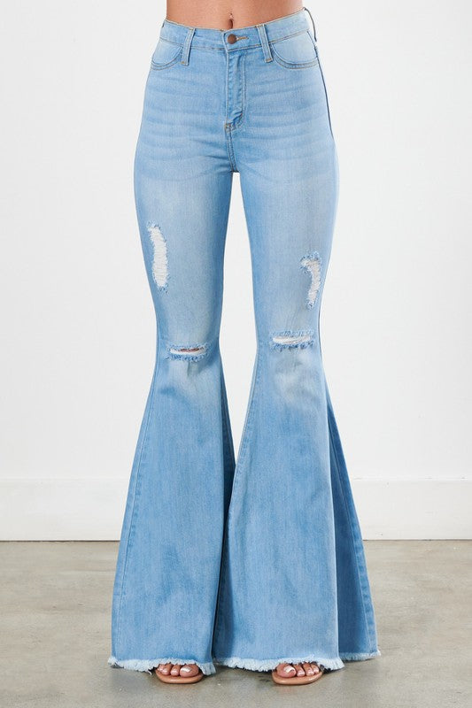 Distressed Frayed Hem Ultra Flare Bell Bottom Jeans - Vibrant M.i.U - RARA Boutique