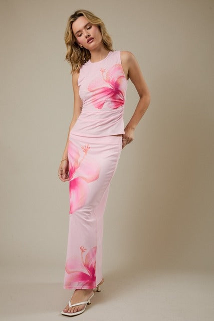 Tropical Hibiscus Floral Mesh Midi Skirt by RARA Boutique, showcasing vibrant floral pattern and flowy mesh fabric.