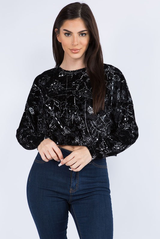Long Sleeve Astrology Print Raw Hem Velvet Crop Top - RARA Boutique