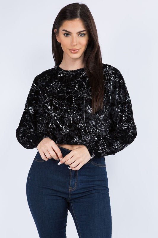 Long Sleeve Astrology Print Raw Hem Velvet Crop Top - RARA Boutique