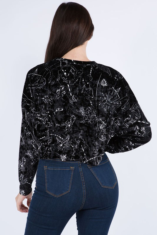 Long Sleeve Astrology Print Raw Hem Velvet Crop Top - RARA Boutique