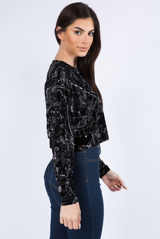 Long Sleeve Astrology Print Raw Hem Velvet Crop Top - RARA Boutique