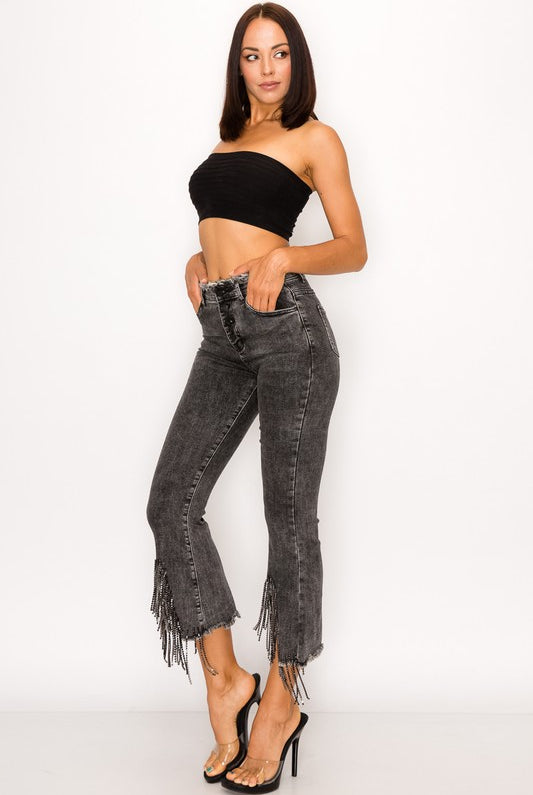 Rhinestone Fringe Jeans with Frayed Waist - RARA Boutique
