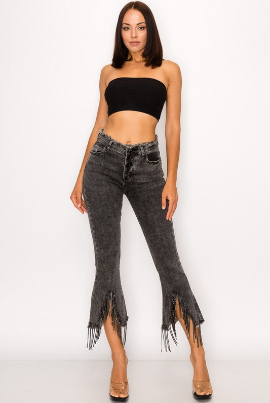 Rhinestone Fringe Jeans with Frayed Waist - RARA Boutique