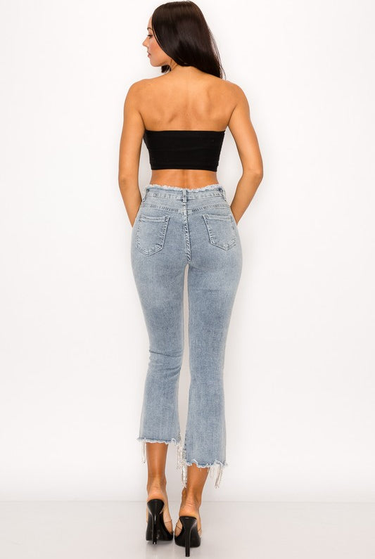Rhinestone Fringe Jeans with Frayed Waist - RARA Boutique