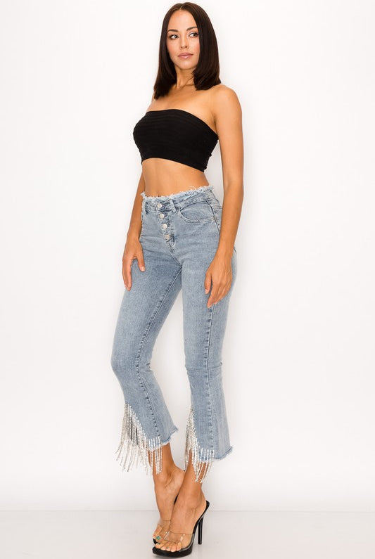 Rhinestone Fringe Jeans with Frayed Waist - RARA Boutique