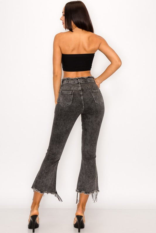 Rhinestone Fringe Jeans with Frayed Waist - RARA Boutique
