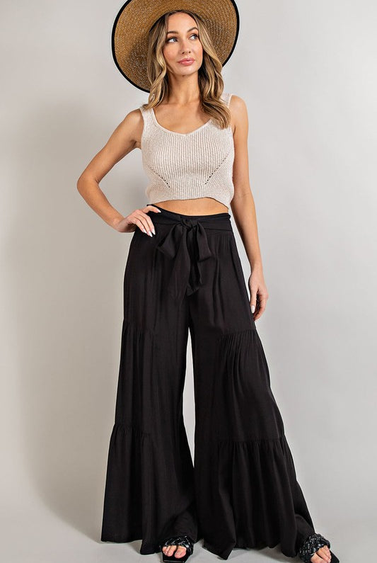 Tiered Wide Leg Pants with Waist Tie - eesome - Rara Boutique