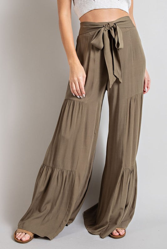 Tiered Wide Leg Pants with Waist Tie - eesome - Rara Boutique