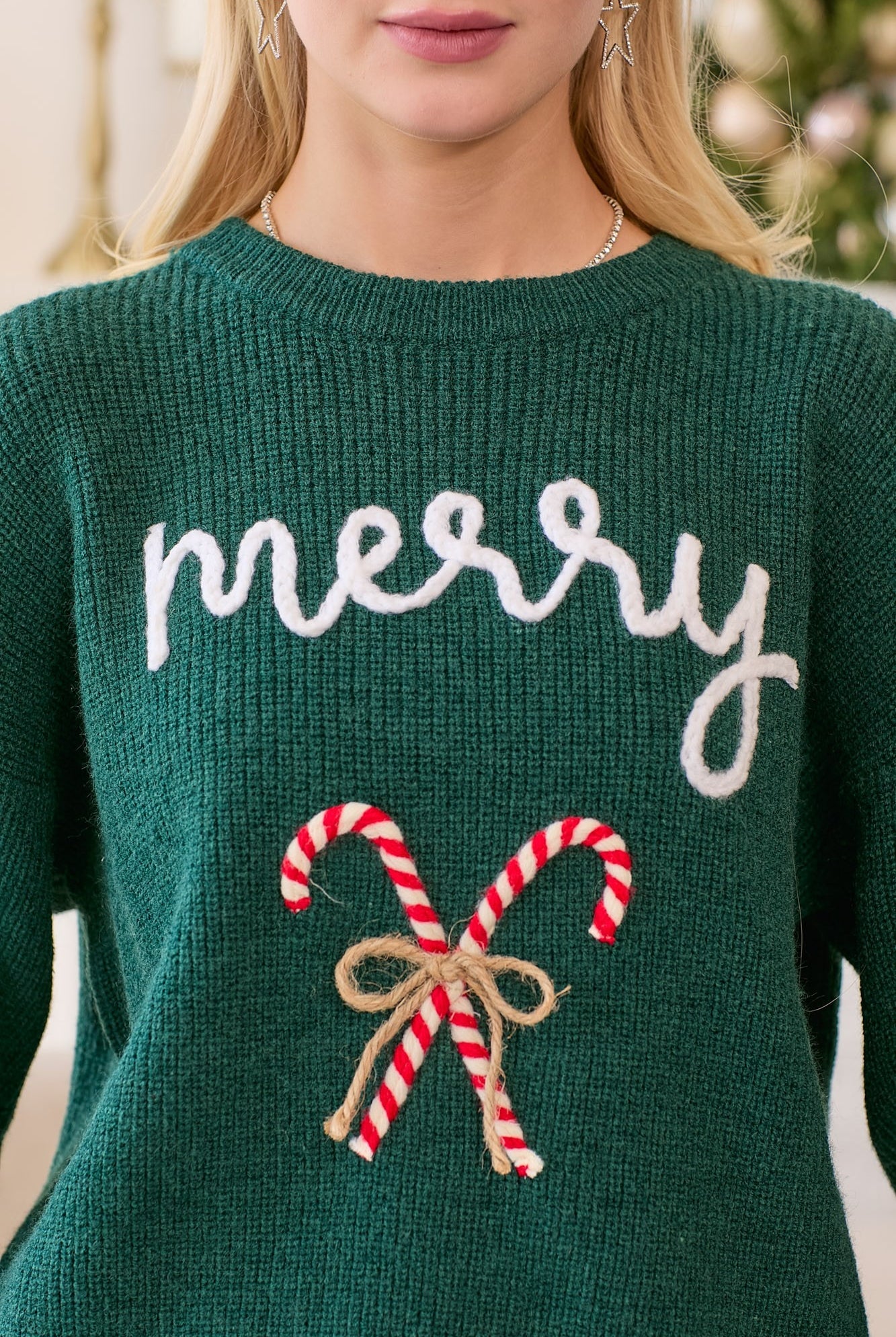 Merry Christmas Sweater With 3D Candy Cane Embroidery - Main Strip - RARA Boutique