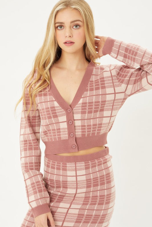 Solid Plaid Snug Waist Casual Cropped Cardigan - RARA Boutique