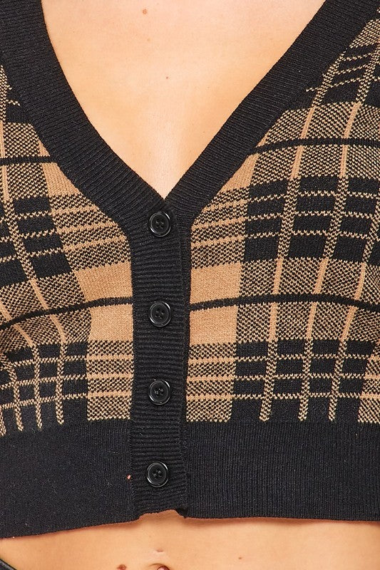 Solid Plaid Snug Waist Casual Cropped Cardigan - RARA Boutique
