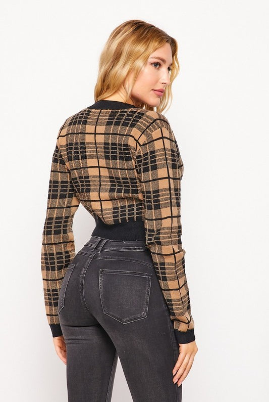 Solid Plaid Snug Waist Casual Cropped Cardigan - RARA Boutique