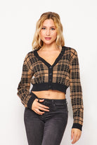 Solid Plaid Snug Waist Casual Cropped Cardigan - RARA Boutique
