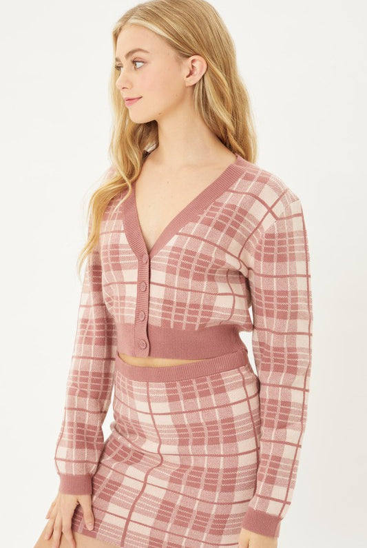 Solid Plaid Snug Waist Casual Cropped Cardigan - RARA Boutique